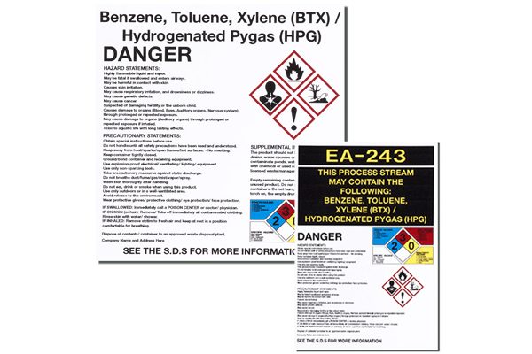 Marking Services Canada GHS labels identify health, physical and environmental risk hazards