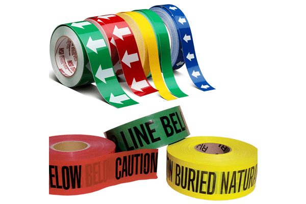Marking Services Canada pipe directional flow arrow tape, banding tape, and underground warning tape